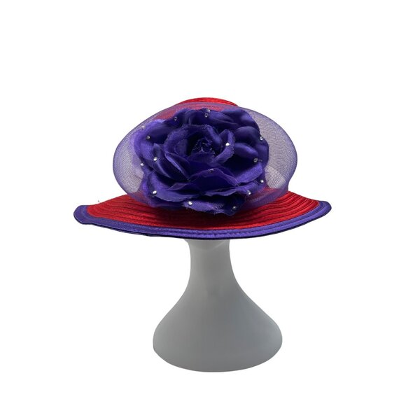 Red & Purple Womens Polyester Hat With Decorative Flower - Picture 3 of 9